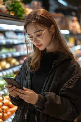 Young woman shopping for groceries in a supermarket while using her smartphone