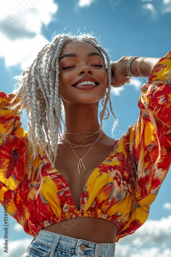 Smiling woman in floral blouse under a blue sky with clouds during daylight