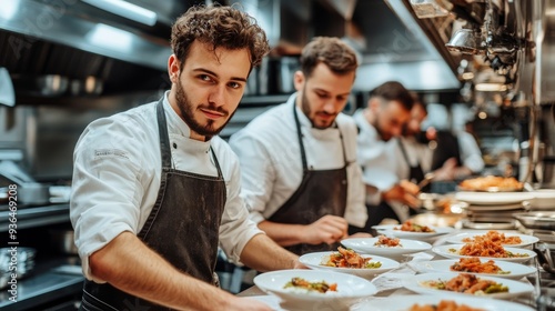 Chef preparing gourmet dishes in a busy restaurant kitchen during dinner service