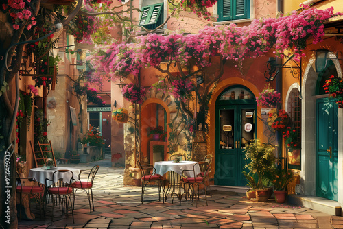 Nice cafe in old italian town, evening light, cute. Generative AI tools