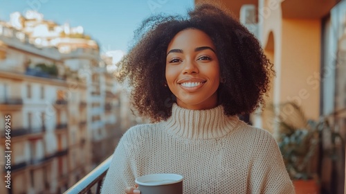 Young woman enjoys coffee on a balcony in a cozy sweater during a chilly morning