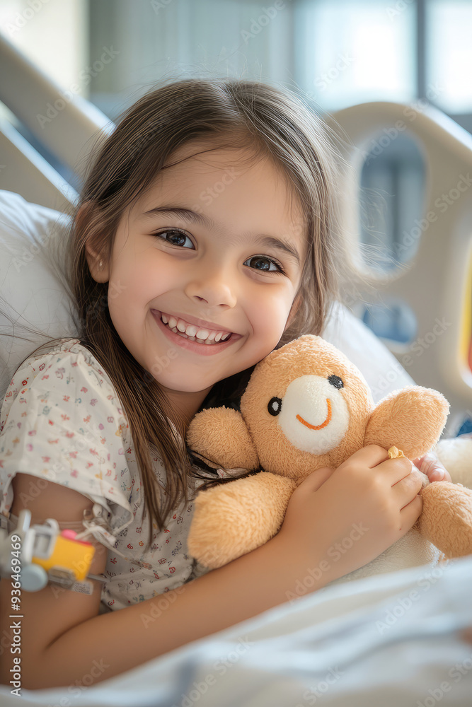 A girl child smiling, holding a soft toy and lying on a hospital bed in a modern hospital A girl child smiling, holding a soft toy and lying on a hospital bed in a modern hospital