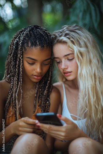 Two young friends sharing a moment while looking at a smartphone outdoors in ...