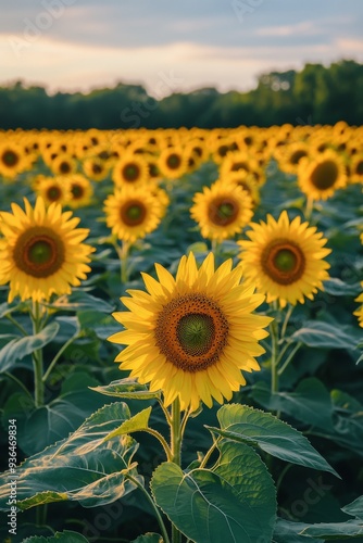 Sunflowers blooming at sunset in a hillside field