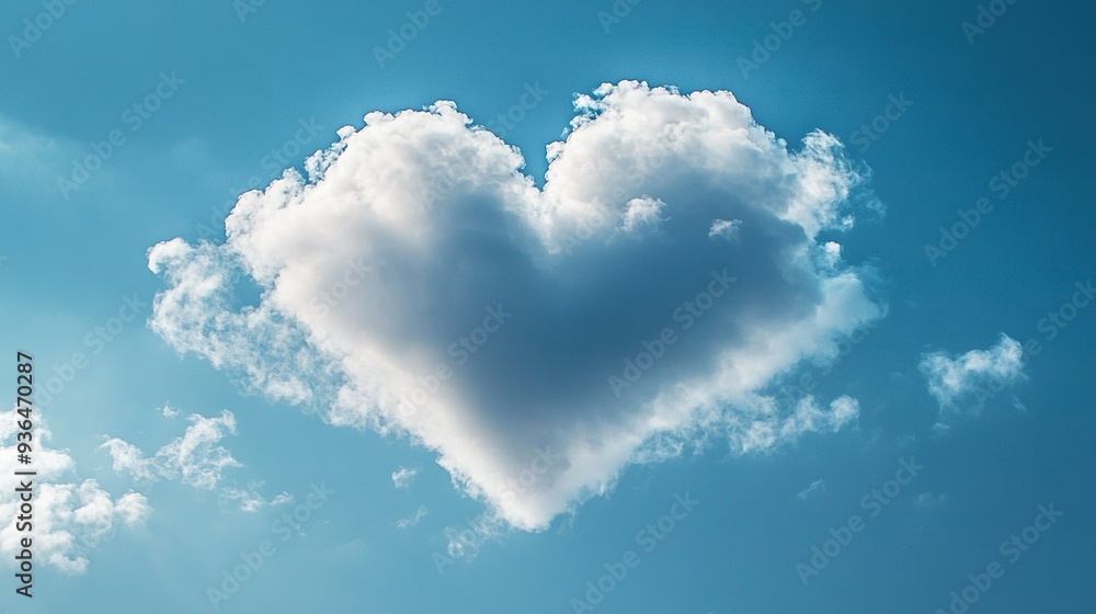 A heart-shaped cloud in a blue sky background with a plane in front A heart-shaped cloud in a blue sky background with a plane in front