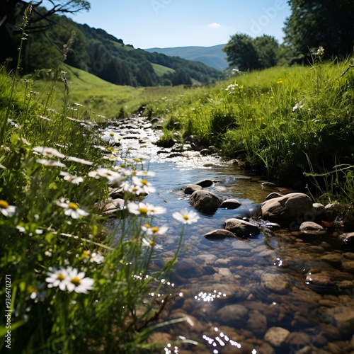 a stream of water with flowers.  photo