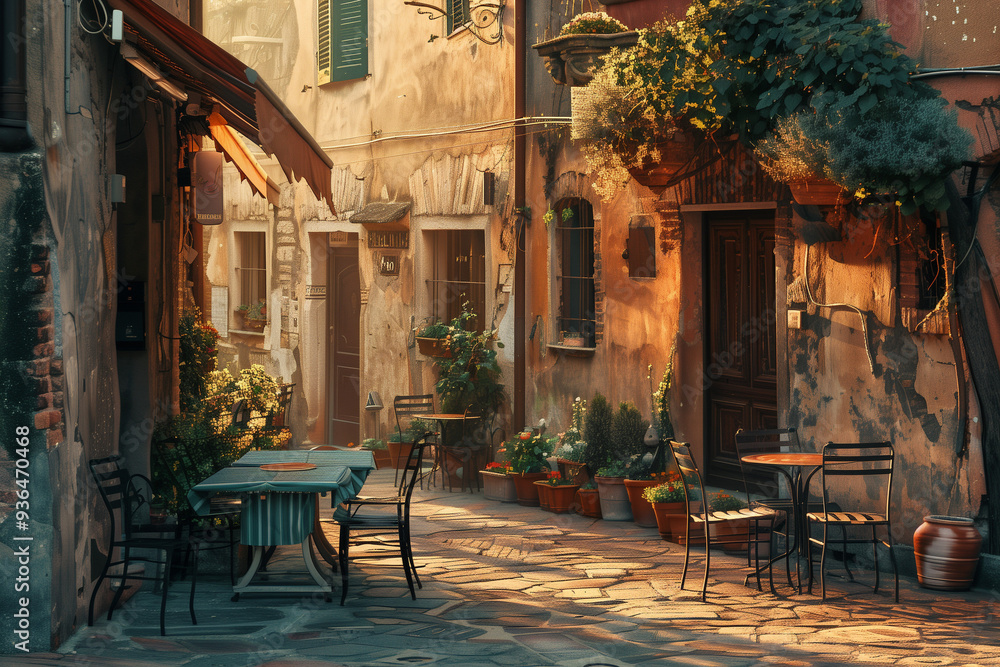 Obraz premium Nice cafe in old italian town, evening light, cute. Generative AI tools