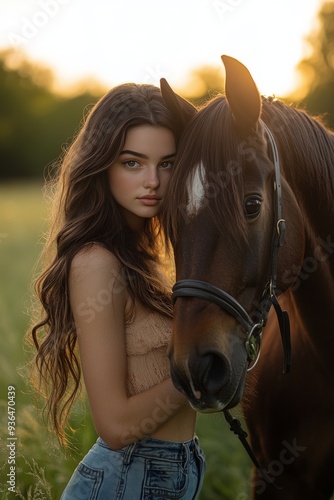 Young woman with flowing hair gently resting against a brown horse in a misty...