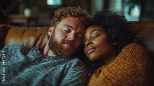 Cozy couple relaxing together on a couch in a warm, intimate setting during t...