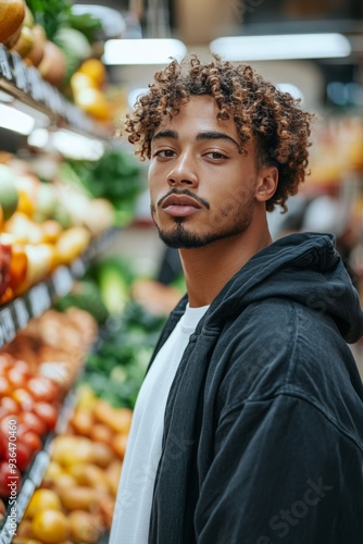 Young man with curly hair shopping for fresh produce in a grocery store aisle