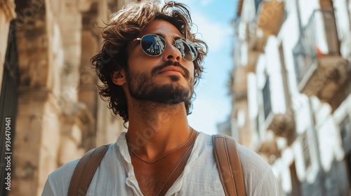 Young man exploring a sunny street in a historic city while wearing sunglasses