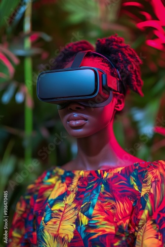Woman using virtual reality headset in artistic indoor setting during daylight