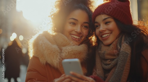 Friends enjoying a winter day outdoors, sharing laughter while looking at a s...