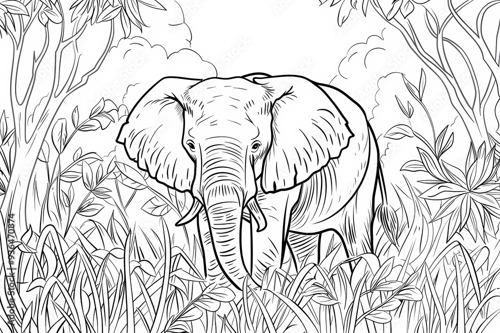 Fototapeta premium A detailed line drawing of an African elephant standing amidst lush foliage, capturing its majestic presence in nature.