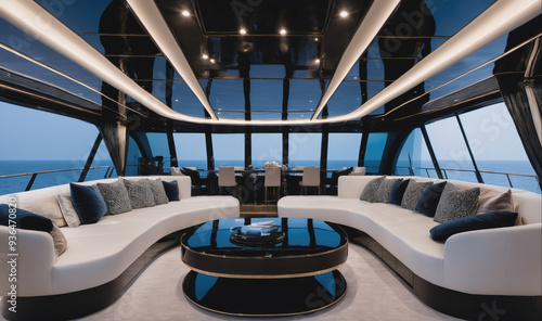 The spacious living room of a yacht is decorated with white sofas and a circular coffee table, overlooking the ocean photo