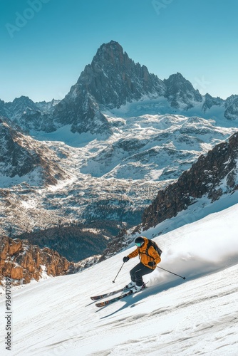 Skier navigating fresh powder in the mountains under a bright blue sky