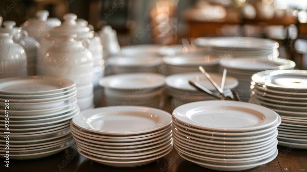 White Plates Stacked on Wooden Table White Plates Stacked on Wooden Table