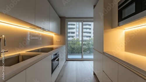 Modern kitchen with fresh herbs and vegetables displayed on a wooden countertop