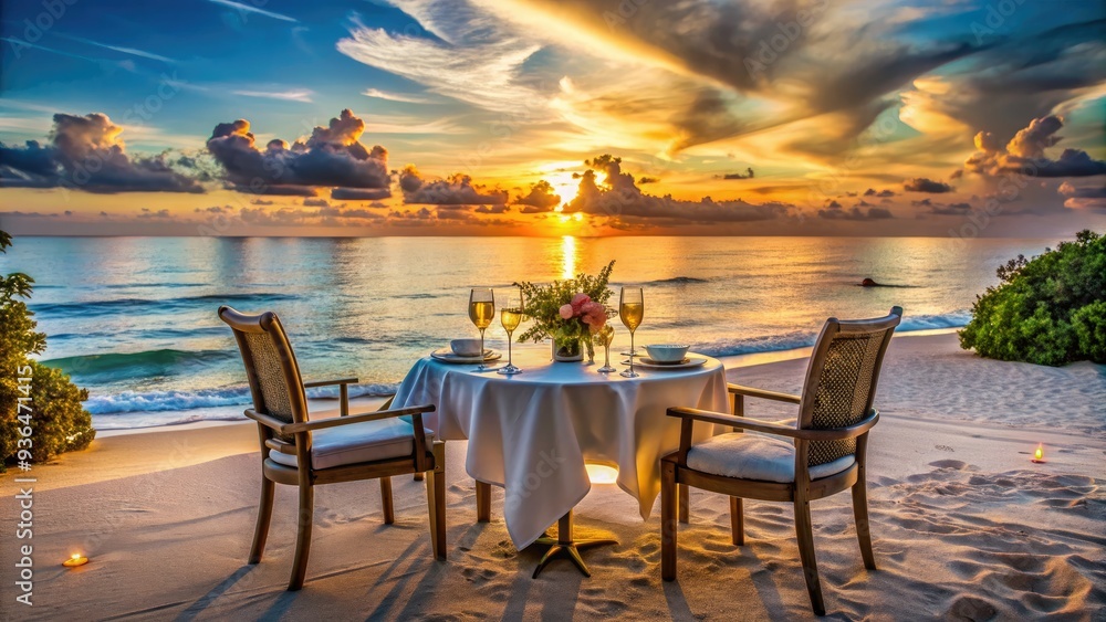 custom made wallpaper toronto digitalElegant beachside dinner setup for two, featuring lavish cuisine, champagne glasses, and breathtaking ocean views, evoking a sense of luxury and romantic summer escapade.