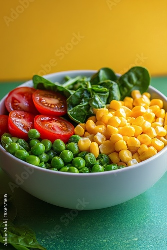 Fresh vegetable salad with cherry tomatoes, spinach, peas, and corn against a...