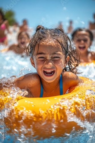 Child enjoying a water slide at an amusement park during a sunny summer day