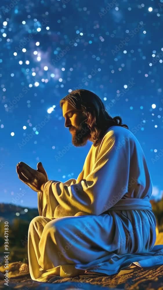 Jesus Christ praying in the Gethemane garden scene animation -- 4k 9x16 vertical stock video footage AI