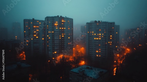 Colorful apartment buildings illuminated at night under a starry sky