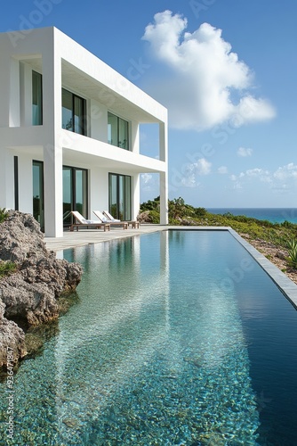 Modern villa with a shimmering pool under a clear sky in a serene outdoor set...