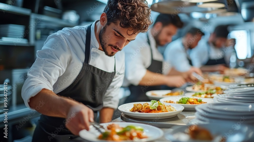 Chef preparing gourmet dishes in a busy restaurant kitchen during dinner service Chef preparing gourmet dishes in a busy restaurant kitchen during dinner service