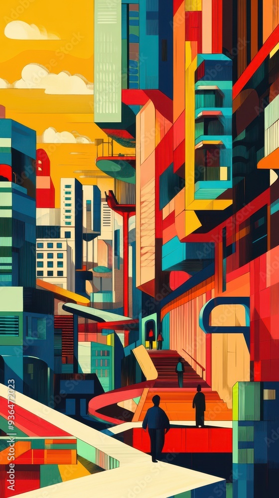 A lively city street comes alive with colorful buildings and pedestrians enjoying the sunny atmosphere A lively city street comes alive with colorful buildings and pedestrians enjoying the sunny atmosphere
