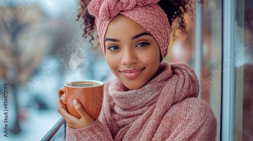 Young woman enjoying a warm drink on a balcony during a chilly morning