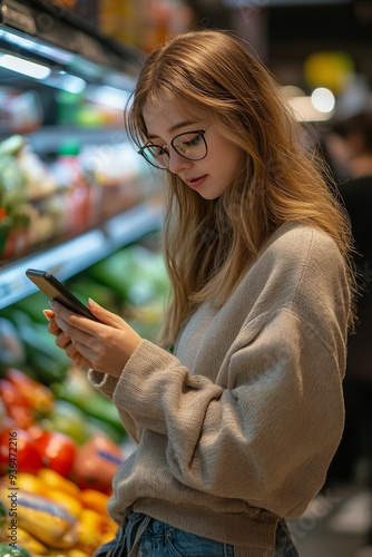 Young woman shopping for groceries in a supermarket while using her smartphone