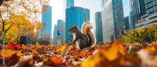 Squirrel exploring urban garden with tall buildings in the background autumn leaves vibrant colors showcasing wildlife adapting to city life