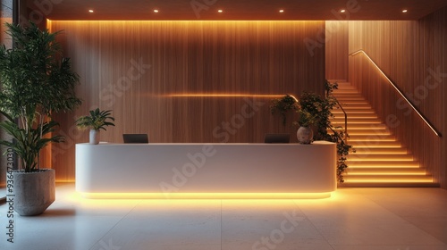 Modern reception area with stylish staircase and warm wooden accents in a con...