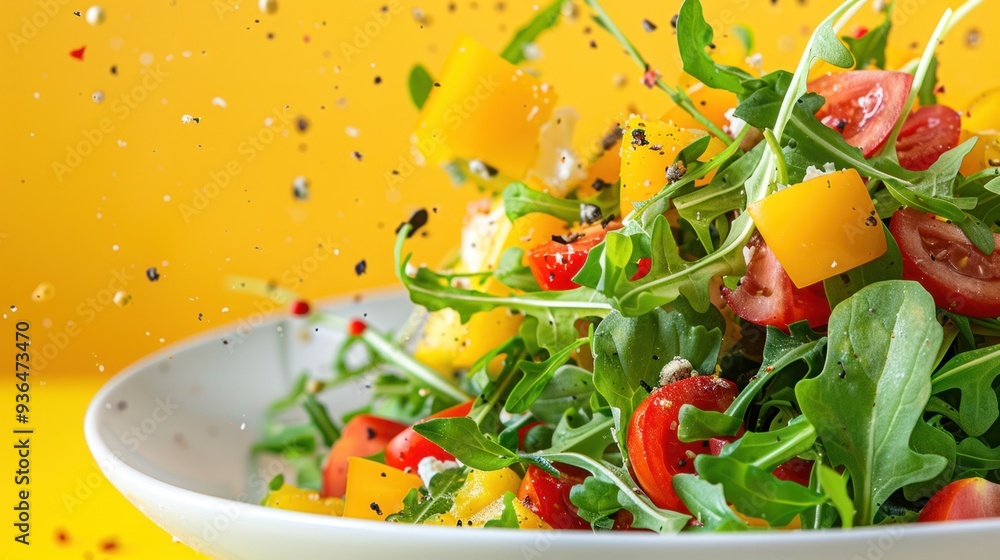 Colorful salad ingredients flying in mid-air above a bright yellow background, showcasing a vibrant culinary experience in modern cuisine Colorful salad ingredients flying in mid-air above a bright yellow background, showcasing a vibrant culinary experience in modern cuisine