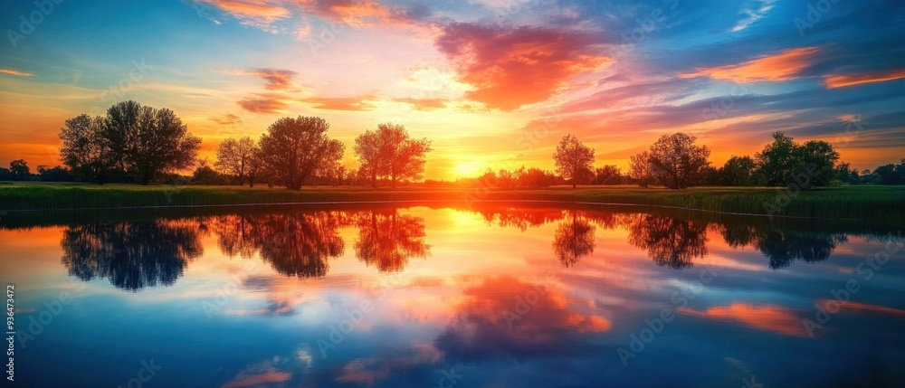 Bright sunset sky reflected in a tranquil lake blending colors with silhouetted trees artistic symmetry and depth breathtaking landscape Bright sunset sky reflected in a tranquil lake blending colors with silhouetted trees artistic symmetry and depth breathtaking landscape