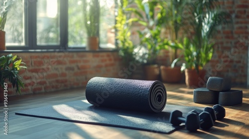 Yoga mat and dumbbells in a stylish home workout space with plants and natura...