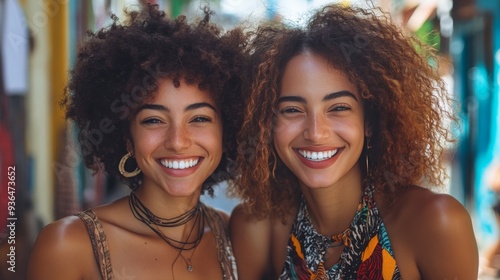 Two friends smiling together on a bustling city street in daylight