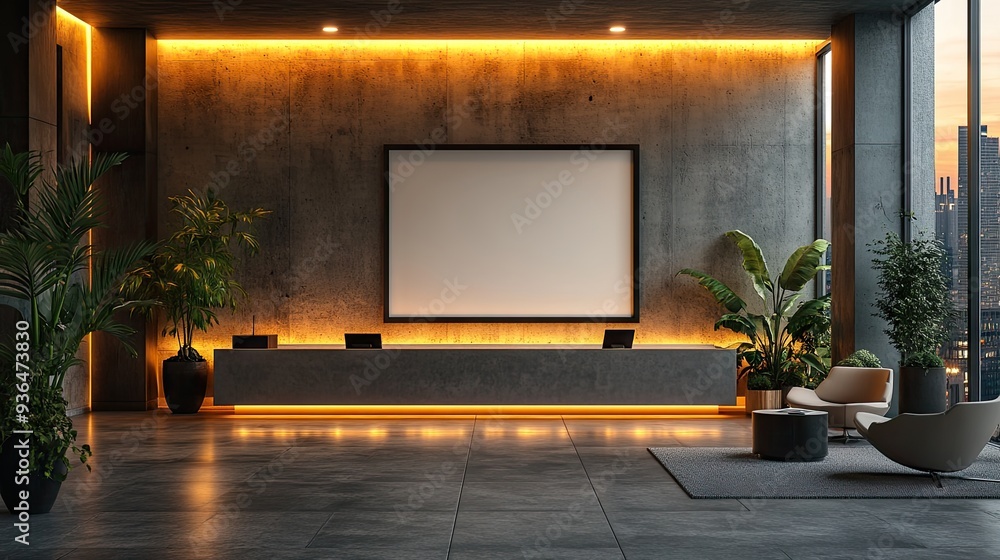 Modern Office Lobby Interior Design with Concrete Walls and a Reception Desk Modern Office Lobby Interior Design with Concrete Walls and a Reception Desk