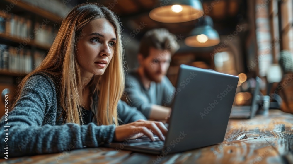 Business professionals collaborating in a modern workspace while focused on their laptops during a productive afternoon Business professionals collaborating in a modern workspace while focused on their laptops during a productive afternoon
