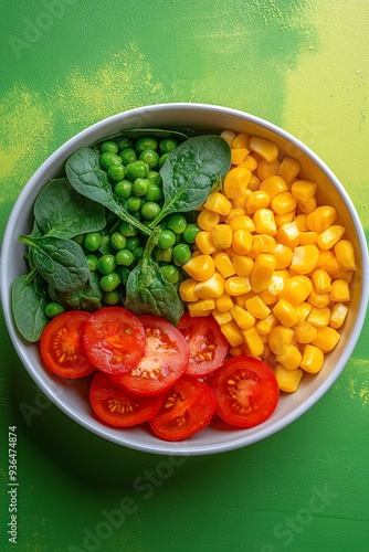 Fresh vegetable salad with cherry tomatoes, spinach, peas, and corn against a...