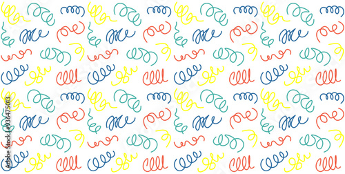 Seamless pattern with colorful abstract squiggles arranged randomly on a transparent background. Creative template for children's fabric, cover or wrapping paper. Back to school theme. Vector