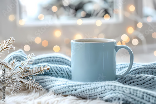Wallpaper Mural A cozy blue mug rests on a soft knitted blanket, surrounded by soft bokeh lights, evoking warmth and comfort during winter. Torontodigital.ca