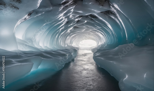 A long, narrow tunnel carved into the ice leads to a bright exit photo