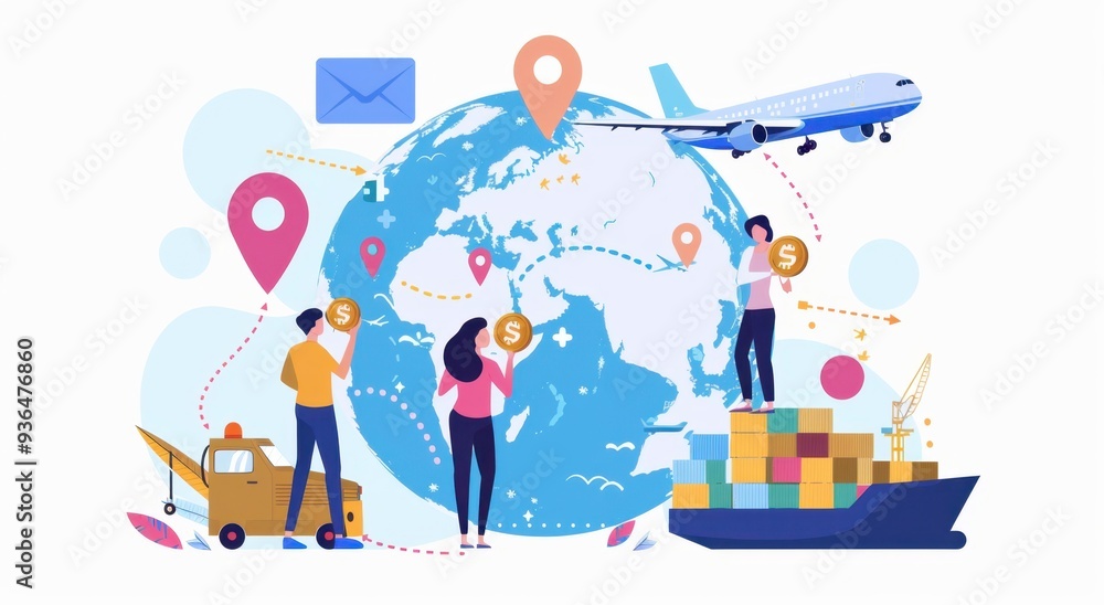 illustration of two people holding coins and standing on top, surrounded by global map pins with cargo ships and airplanes in the background Generative AI illustration of two people holding coins and standing on top, surrounded by global map pins with cargo ships and airplanes in the background Generative AI