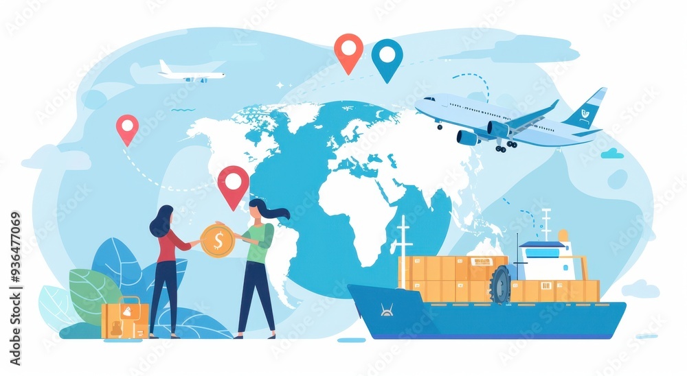 Naklejka premium illustration of two people holding coins, a cargo ship, and an airplane around the globe with global map location pins on a light blue background for an online logistics marketplace Generative AI