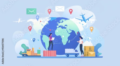 illustration of two people holding coins and standing on top, surrounded by global map pins with cargo ships and airplanes in the background Generative AI