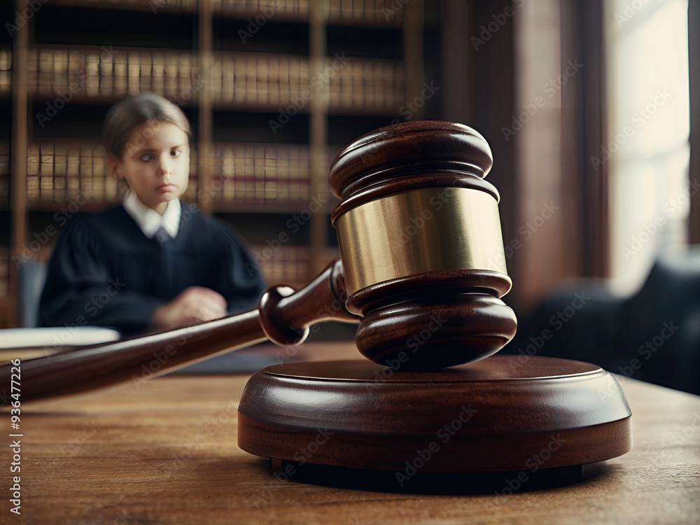 Close up of a legal judges hammer with a blurred child in the background. Child custody concept Close up of a legal judges hammer with a blurred child in the background. Child custody concept