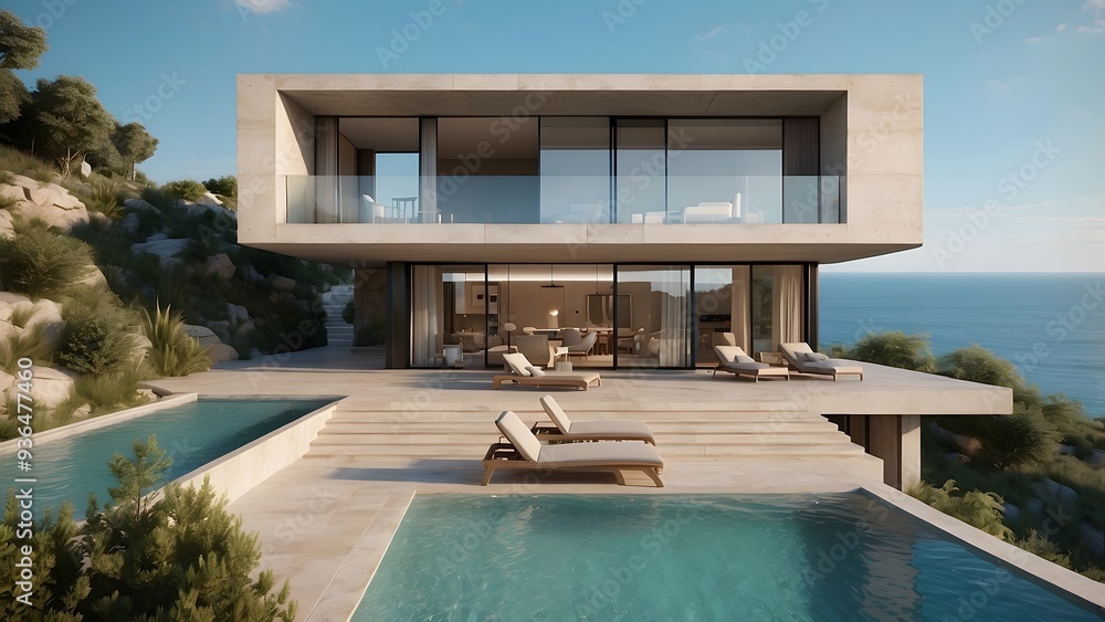 Fototapeta premium Architectural exterior design of lush green backyard of a palace with a crystal clear swimming pool filled with water of a house 