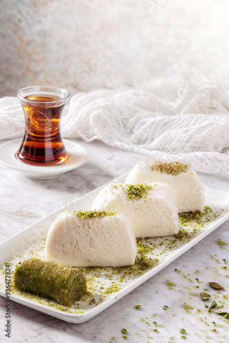 The traditional dessert platter of Turkish Maraş ice cream and baklava is perfect for a sweet treat paired with a cup of aromatic tea.